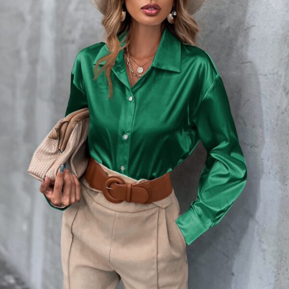 Black Classic button up Satin Boyfriend Work Top Minimalist - Picture 10 of 16